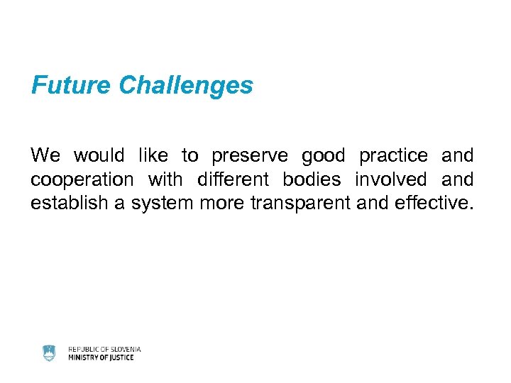 Future Challenges We would like to preserve good practice and cooperation with different bodies