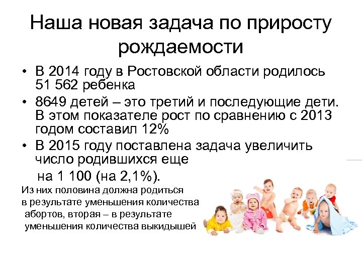 Наша новая задача по приросту рождаемости • В 2014 году в Ростовской области родилось