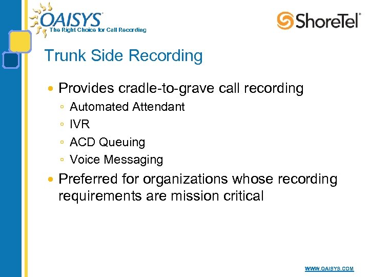 The Right Choice for Call Recording Trunk Side Recording Provides cradle-to-grave call recording ◦