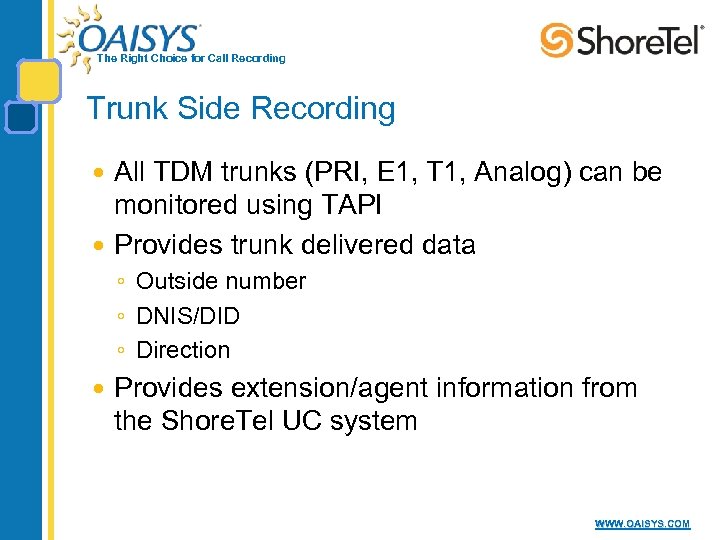 The Right Choice for Call Recording Trunk Side Recording All TDM trunks (PRI, E