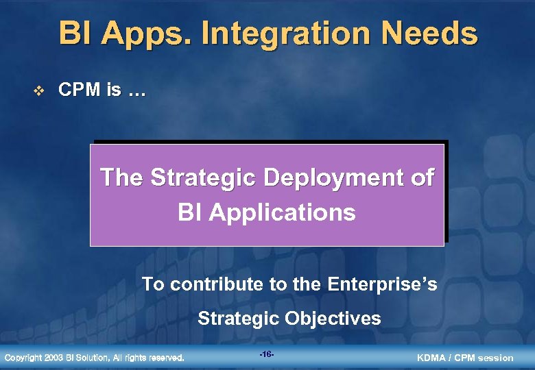 BI Apps. Integration Needs v CPM is … The Strategic Deployment of BI Applications