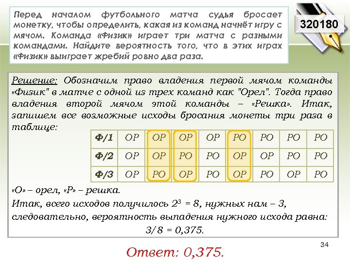 Перед началом футбольного матча судья бросает монетку, чтобы определить, какая из команд начнёт игру