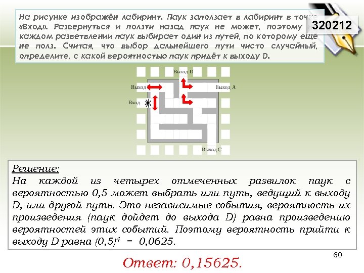 На рисунке изображён лабиринт. Паук заползает в лабиринт в точке 320212 «Вход» . Развернуться