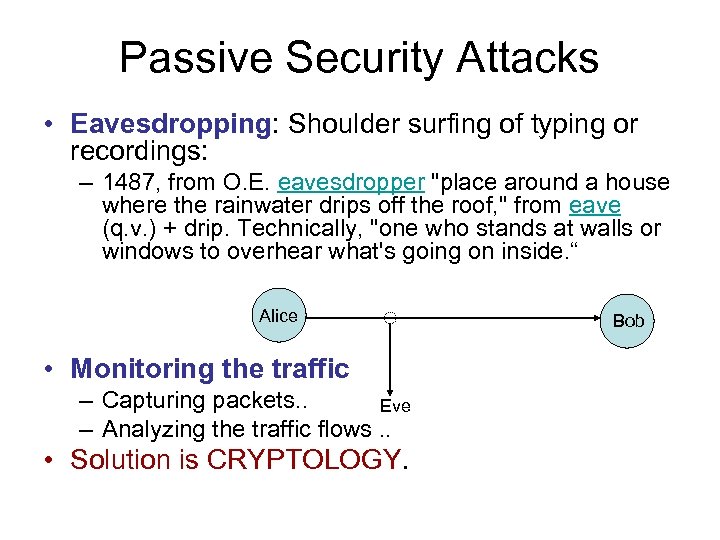 Passive Security Attacks • Eavesdropping: Shoulder surfing of typing or recordings: – 1487, from