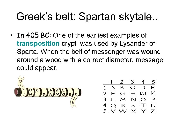 Greek’s belt: Spartan skytale. . • In 405 BC: One of the earliest examples