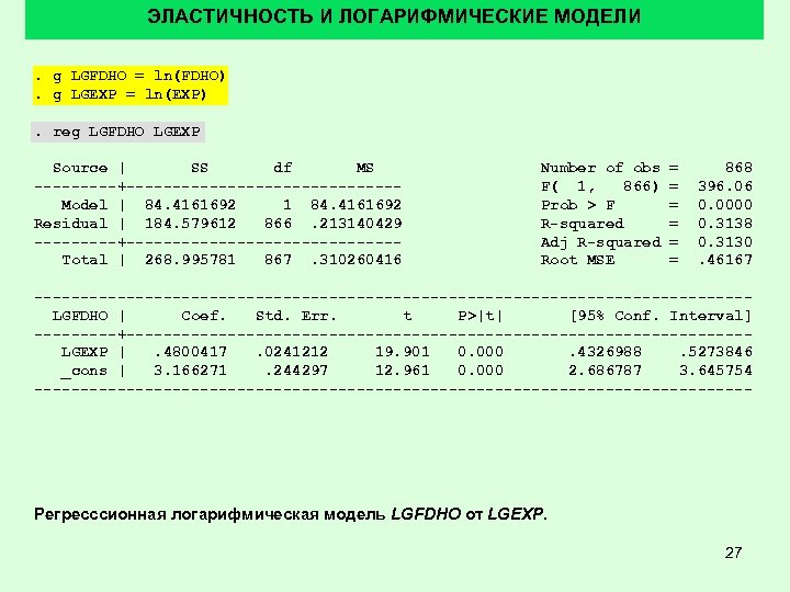 ЭЛАСТИЧНОСТЬ И ЛОГАРИФМИЧЕСКИЕ МОДЕЛИ. g LGFDHO = ln(FDHO). g LGEXP = ln(EXP). reg LGFDHO
