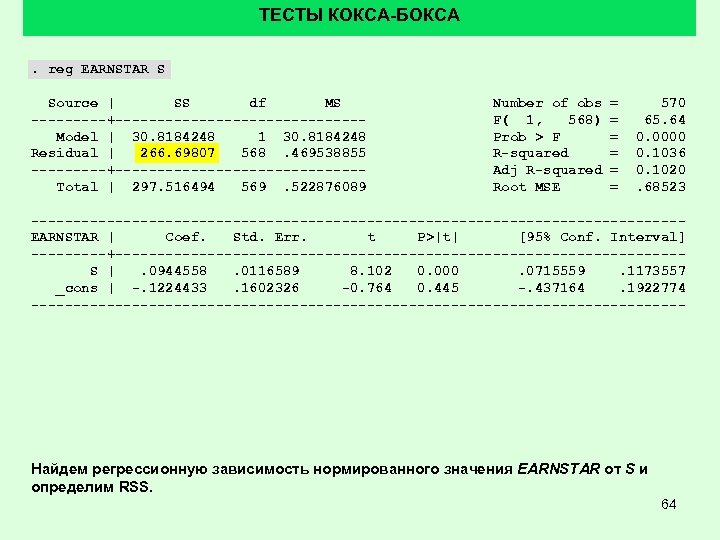 ТЕСТЫ КОКСА-БОКСА. reg EARNSTAR S Source | SS df MS -----+---------------Model | 30. 8184248