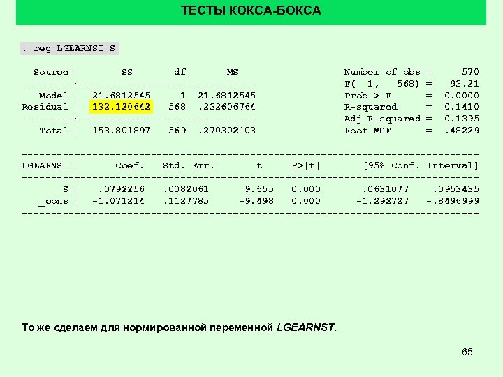 ТЕСТЫ КОКСА-БОКСА. reg LGEARNST S Source | SS df MS -----+---------------Model | 21. 6812545
