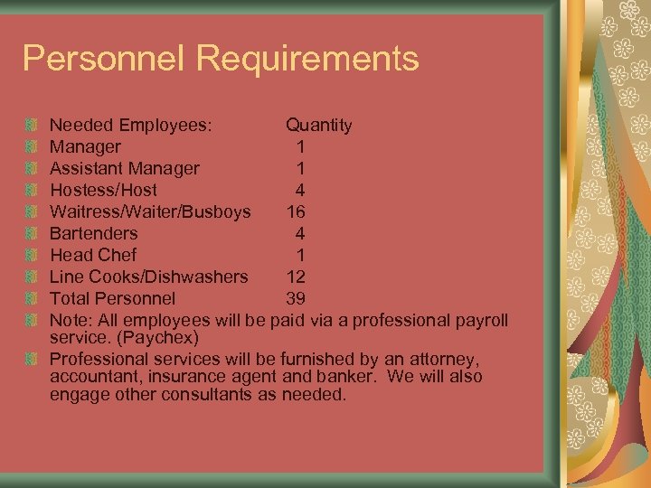 Personnel Requirements Needed Employees: Quantity Manager 1 Assistant Manager 1 Hostess/Host 4 Waitress/Waiter/Busboys 16