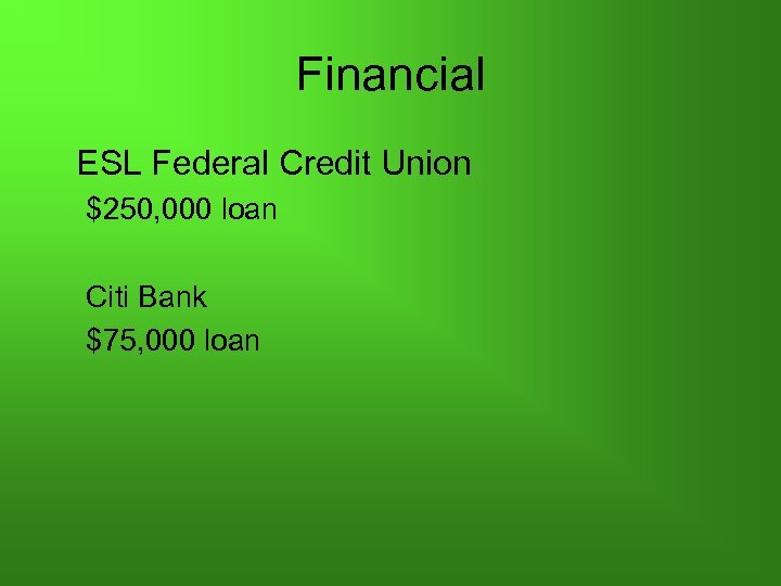 Financial ESL Federal Credit Union $250, 000 loan Citi Bank $75, 000 loan 