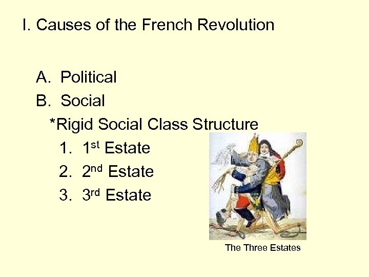 I. Causes of the French Revolution A. Political B. Social *Rigid Social Class Structure