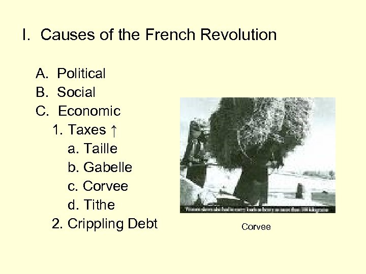 I. Causes of the French Revolution A. Political B. Social C. Economic 1. Taxes