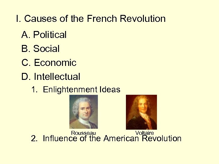 I. Causes of the French Revolution A. Political B. Social C. Economic D. Intellectual