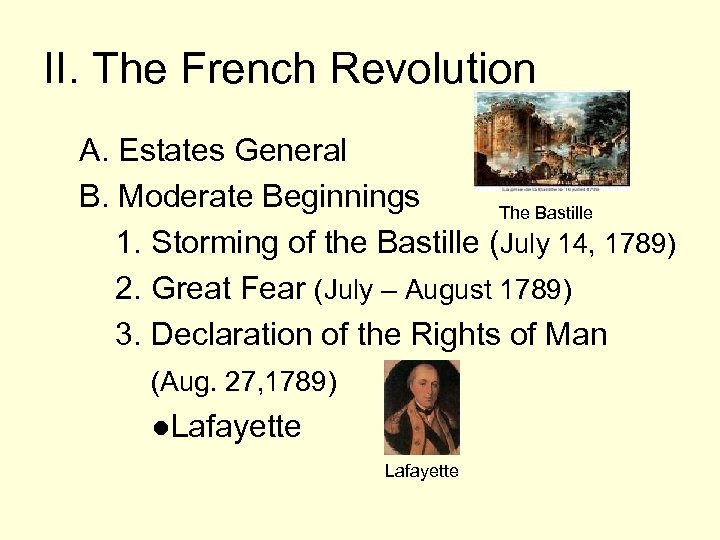 II. The French Revolution A. Estates General B. Moderate Beginnings The Bastille 1. Storming