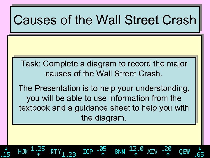 Causes of the Wall Street Crash Task: Complete a diagram to record the major