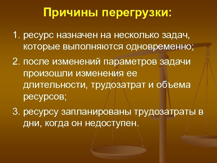 Причины перегрузки: 1. ресурс назначен на несколько задач, которые выполняются одновременно; 2. после изменений