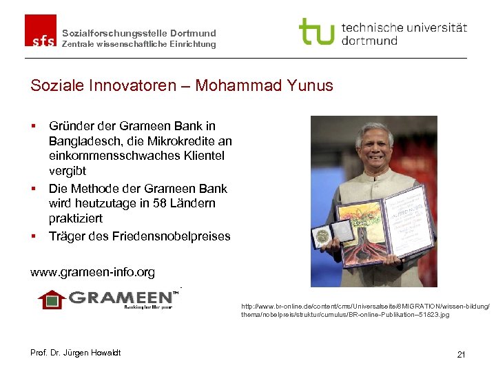 Sozialforschungsstelle Dortmund Zentrale wissenschaftliche Einrichtung Soziale Innovatoren – Mohammad Yunus § § § Gründer