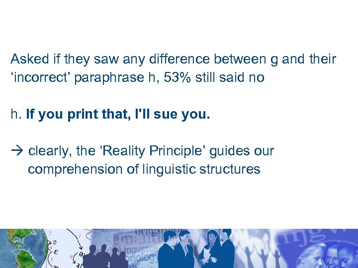 Asked if they saw any difference between g and their ‘incorrect’ paraphrase h, 53%