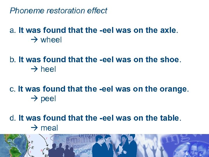 Phoneme restoration effect a. It was found that the -eel was on the axle.