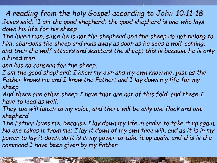 A reading from the holy Gospel according to John 10: 11 -18 Jesus said: