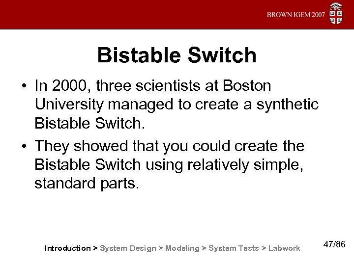 Bistable Switch • In 2000, three scientists at Boston University managed to create a