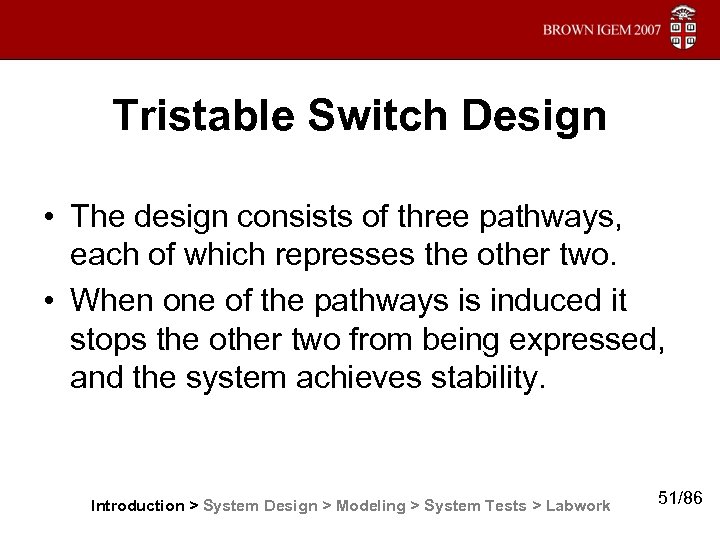 Tristable Switch Design • The design consists of three pathways, each of which represses
