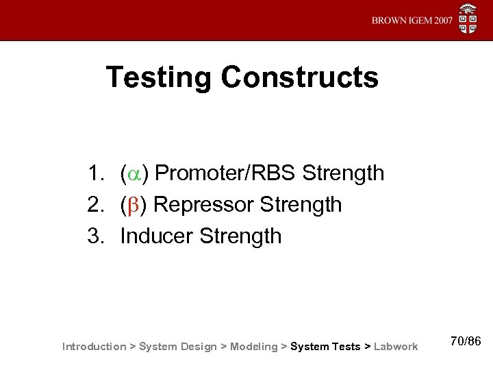 Testing Constructs 1. ( ) Promoter/RBS Strength 2. ( ) Repressor Strength 3. Inducer
