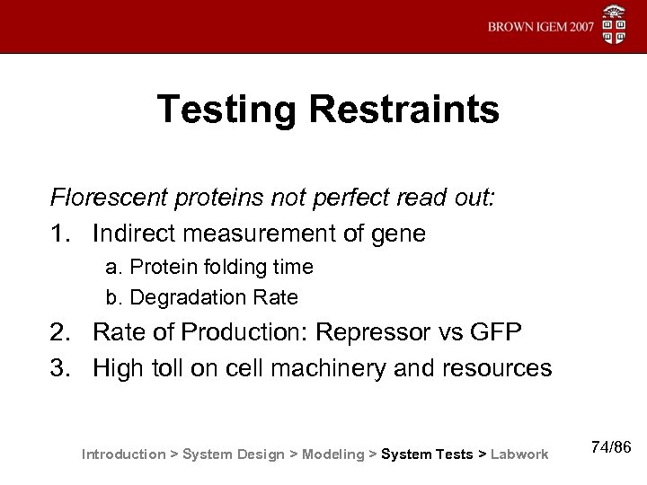 Testing Restraints Florescent proteins not perfect read out: 1. Indirect measurement of gene a.