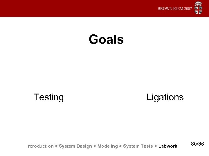 Goals Testing Ligations Introduction > System Design > Modeling > System Tests > Labwork