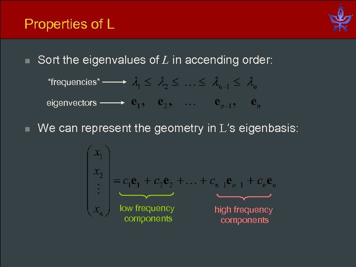 Properties of L n Sort the eigenvalues of L in accending order: “frequencies” eigenvectors