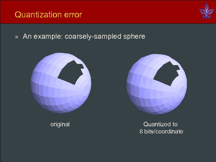 Quantization error n An example: coarsely-sampled sphere original Quantized to 8 bits/coordinate 