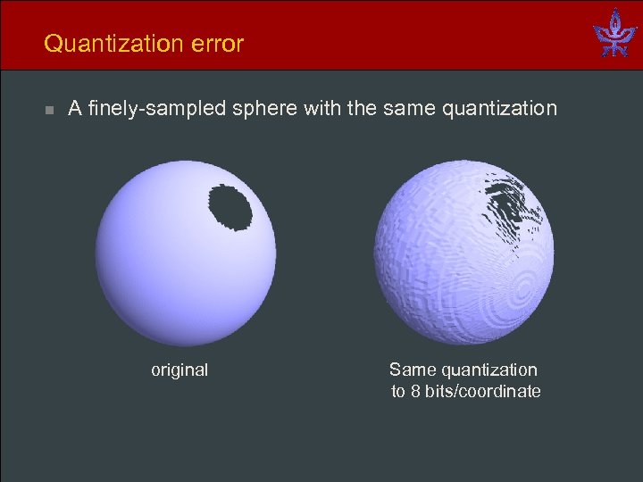 Quantization error n A finely-sampled sphere with the same quantization original Same quantization to