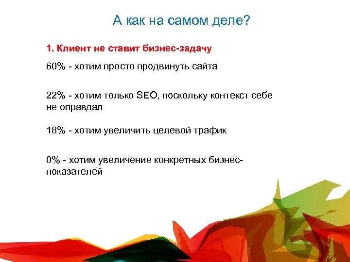 А как на самом деле? 1. Клиент не ставит бизнес-задачу 60% - хотим просто