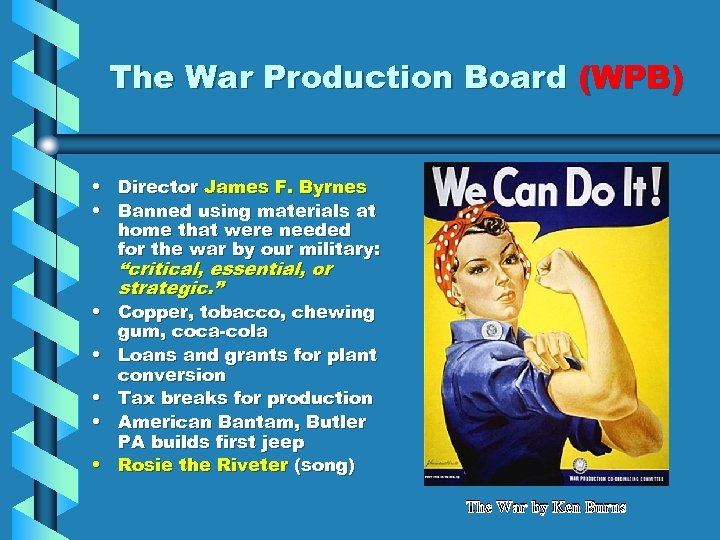 The War Production Board (WPB) • Director James F. Byrnes • Banned using materials