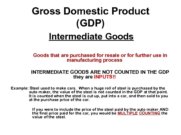 Gross Domestic Product (GDP) Intermediate Goods that are purchased for resale or further use