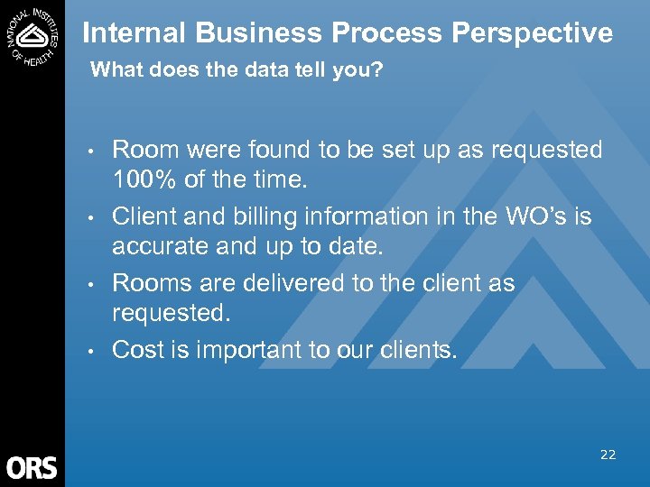 Internal Business Process Perspective What does the data tell you? • • Room were