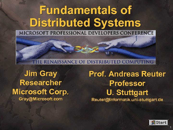 Fundamentals of Distributed Systems. Jim Gray Researcher Microsoft Corp. Gray@Microsoft. com Prof. Andreas Reuter