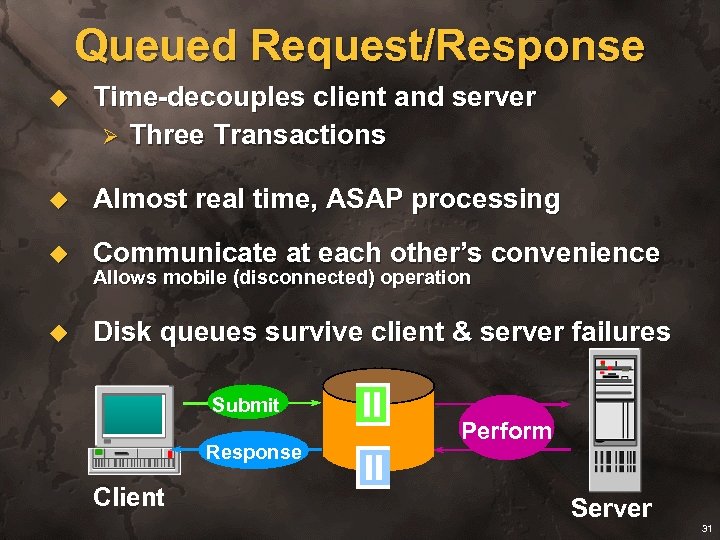 Queued Request/Response u Time-decouples client and server Ø Three Transactions u Almost real time,