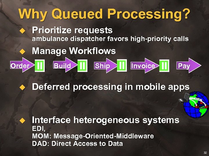 Why Queued Processing? u Prioritize requests u Manage Workflows Order ambulance dispatcher favors high-priority