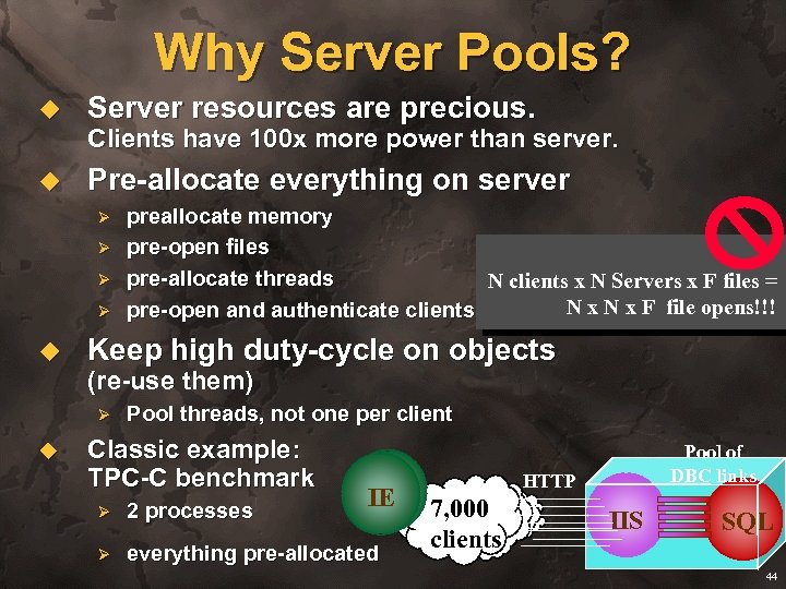 Why Server Pools? u Server resources are precious. u Pre-allocate everything on server Clients