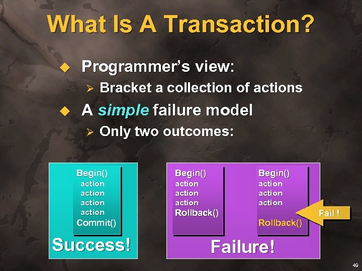 What Is A Transaction? u Programmer’s view: Ø u Bracket a collection of actions
