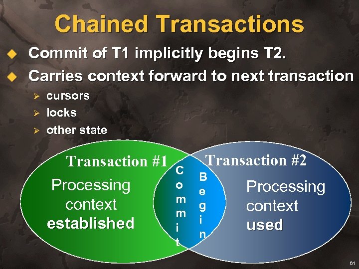 Chained Transactions u u Commit of T 1 implicitly begins T 2. Carries context