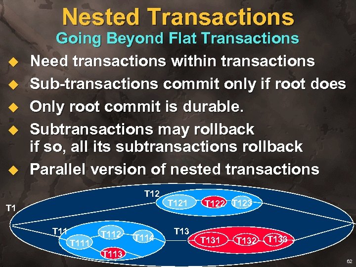 Nested Transactions u u u Going Beyond Flat Transactions Need transactions within transactions Sub-transactions