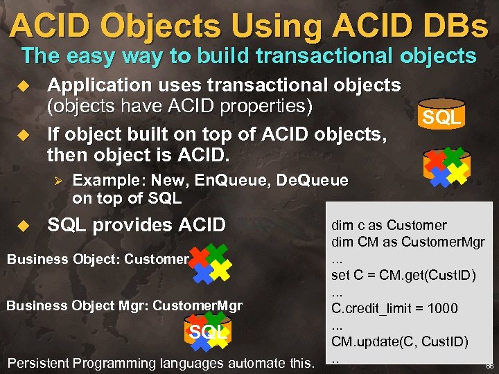 ACID Objects Using ACID DBs The easy way to build transactional objects u u