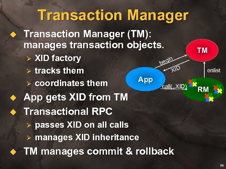 Transaction Manager u Transaction Manager (TM): manages transaction objects. Ø Ø Ø u u