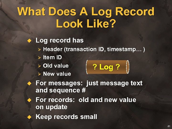 What Does A Log Record Look Like? u Log record has Header (transaction ID,