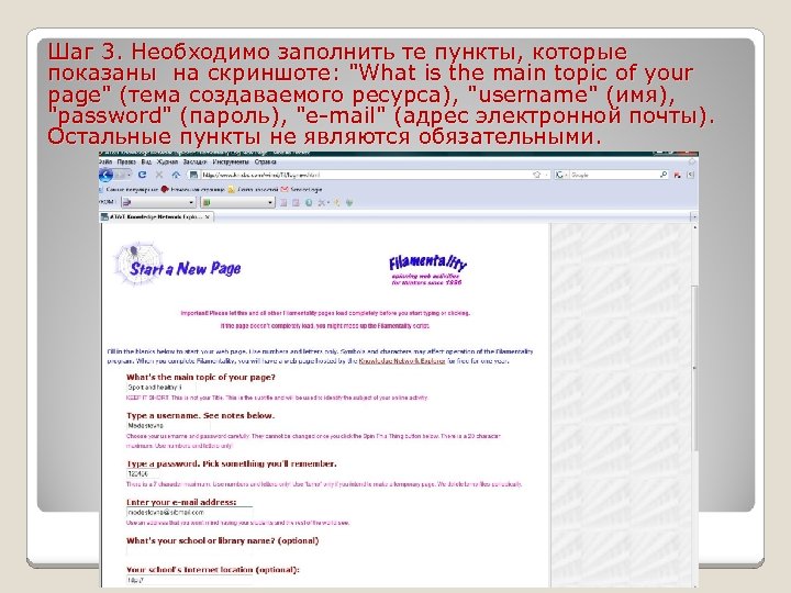 Шаг 3. Необходимо заполнить те пункты, которые показаны на скриншоте: "What is the main