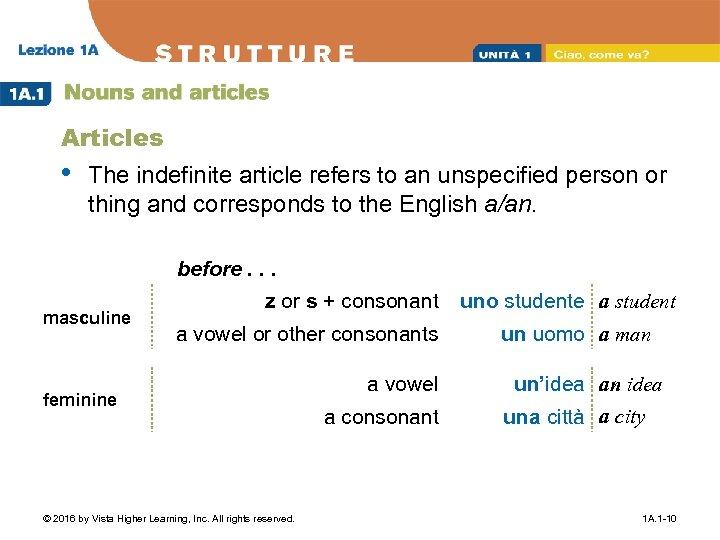Articles • The indefinite article refers to an unspecified person or thing and corresponds