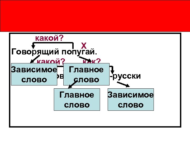 какой? X Говорящий попугай. какой? как? Зависимое Главное X X Попугай, говорящий по-русски слово