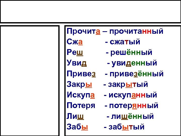 Прочита – прочитанный Сжа - сжатый Реш - решённый Увид - увиденный Привез -
